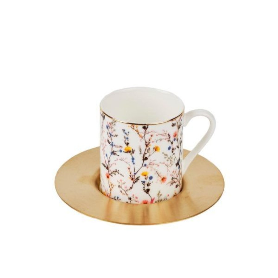 Coffee & Tea Zarina Tableware Espresso Cups | Set Of 6 Botanical Espresso Cups With Brass Saucers