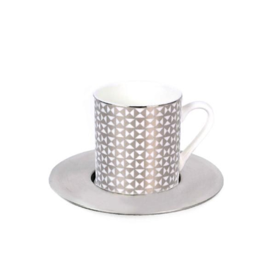 Coffee & Tea Zarina Tableware Espresso Cups | Set Of 6 Tri Platinum Espresso Cups With Brass Saucers