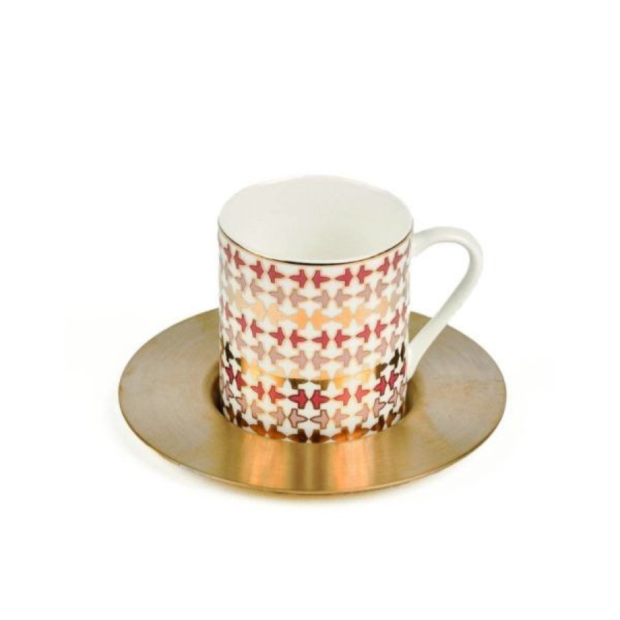 Coffee & Tea Zarina Tableware Espresso Cups | Set Of 6 Pink Al Hambra Espresso Cups With Brass Saucers