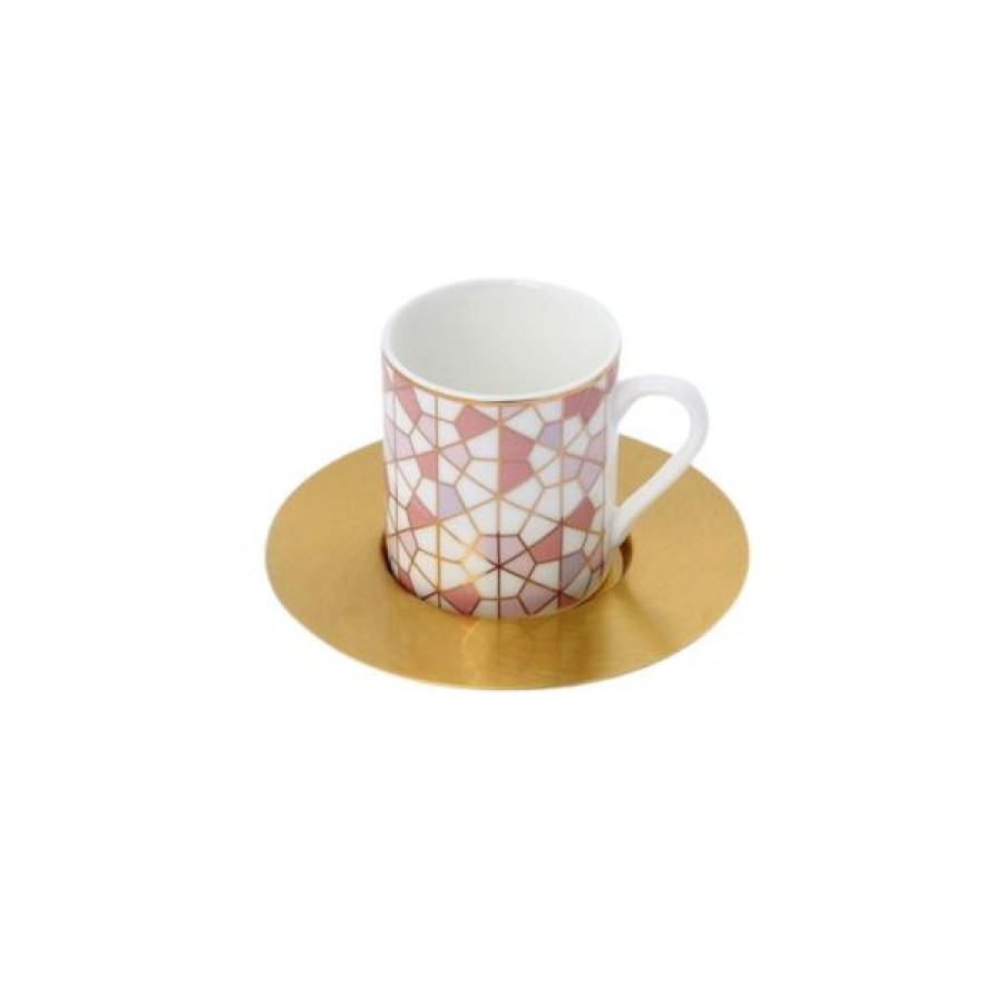 Coffee & Tea Zarina Tableware Espresso Cups | Set Of 6 Geo Pink Espresso Cups With Brass Saucers