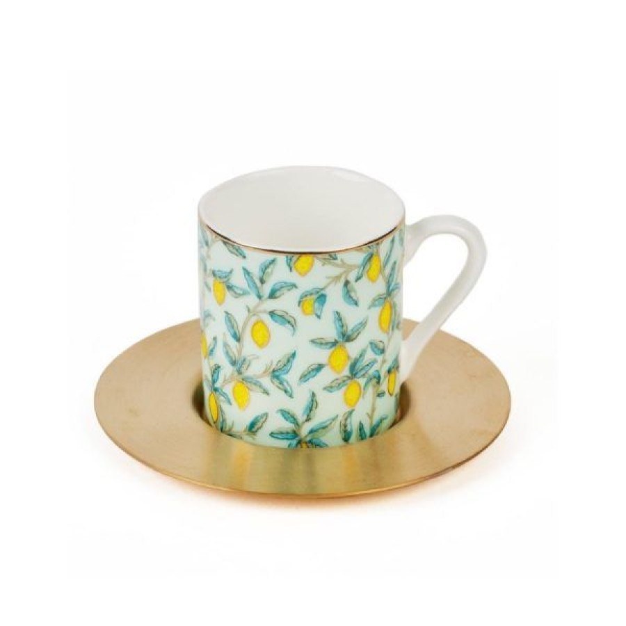 Coffee & Tea Zarina Tableware Espresso Cups | Set Of 6 Lemon Espresso Cups With Brass Saucers